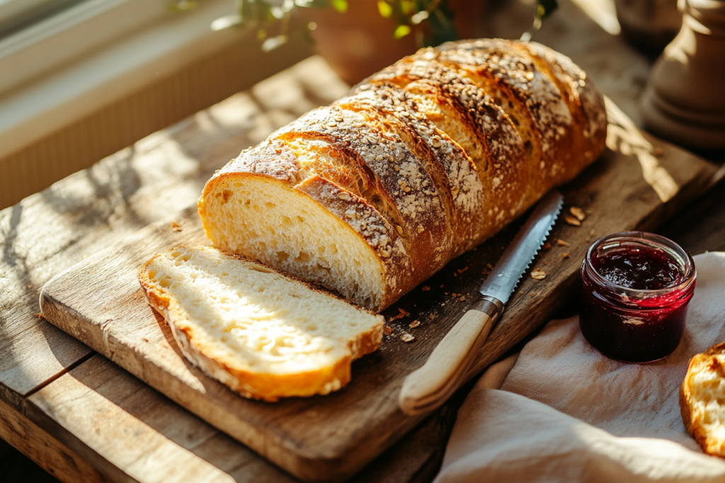 Sliced bread loaf on a wooden board next to butter and jam.