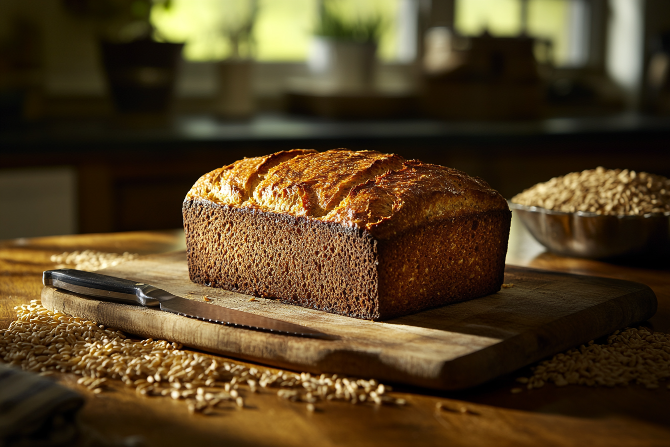 Freshly baked artisan bread loaf on a wooden cutting board with a knife.