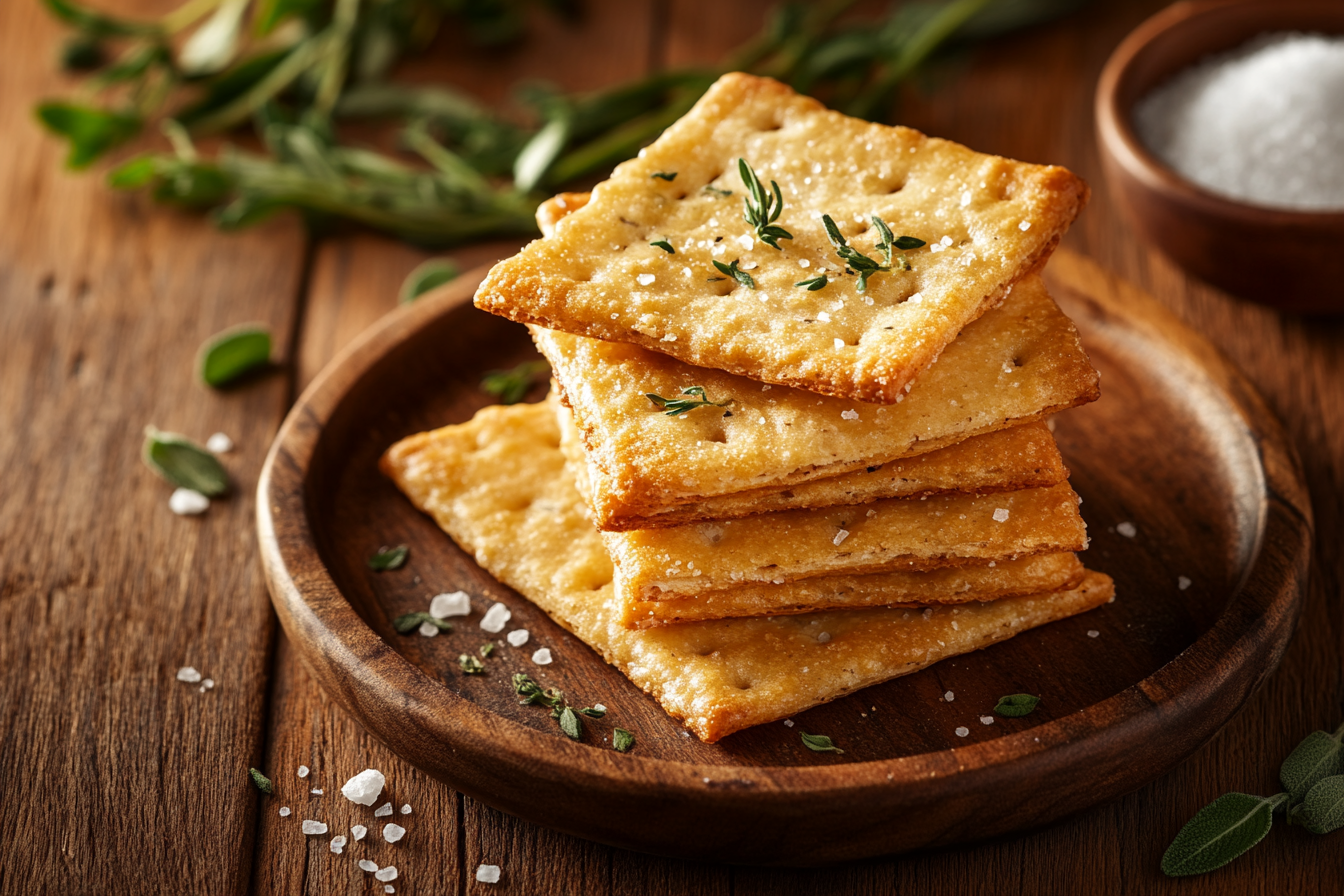 A golden stack of homemade crackers on a rustic wooden plate, garnished with herbs and salt.