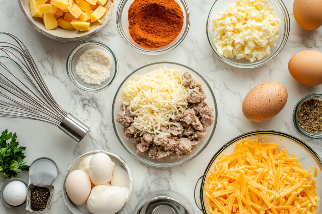 Ingredients for sausage hash brown casserole laid out on a kitchen counter