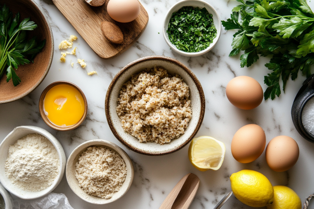 Ingredients for making mini crab cakes on a kitchen counter