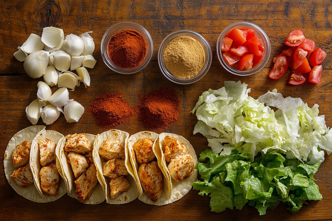 A colorful assortment of fresh ingredients for making crispy chicken tacos.