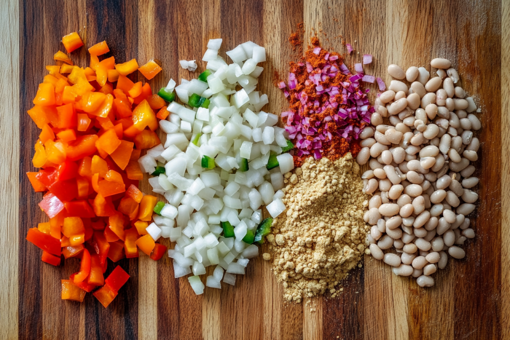  Ingredients for white bean turkey chili displayed on a cutting board.