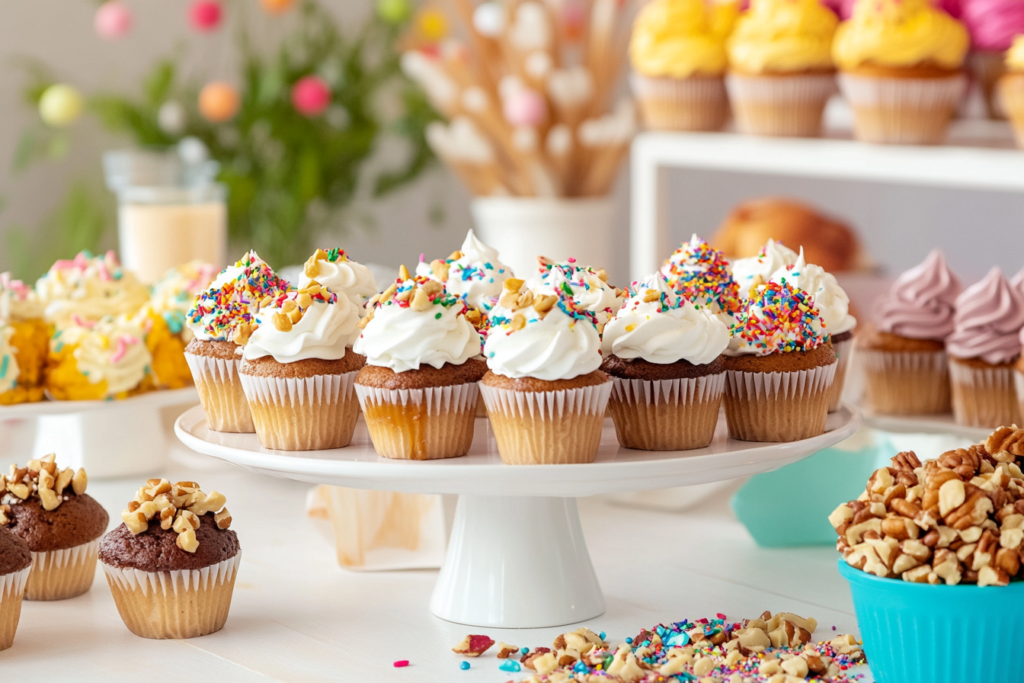 A DIY muffin bar with various toppings and decorations for mini muffins