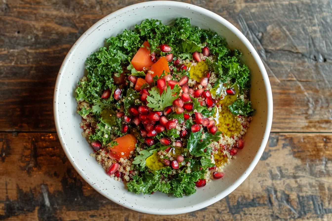 A vibrant bowl of kale quinoa salad with colorful toppings.