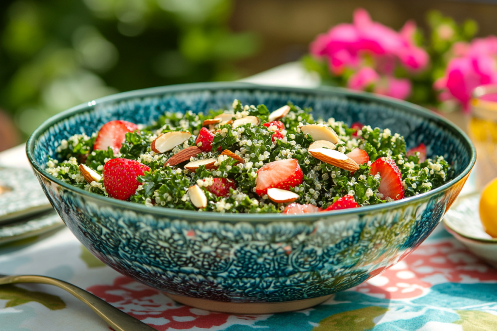 Kale quinoa salad with strawberries and almonds as toppings.