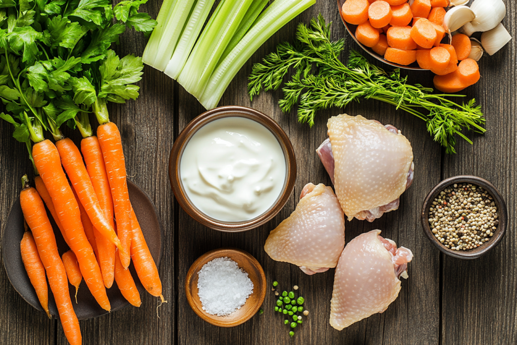  Fresh chicken, vegetables, cream, and herbs laid out on a counter.