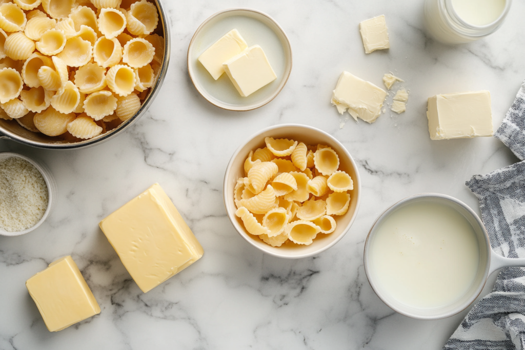 Ingredients for making Panera mac and cheese laid out on a countertop