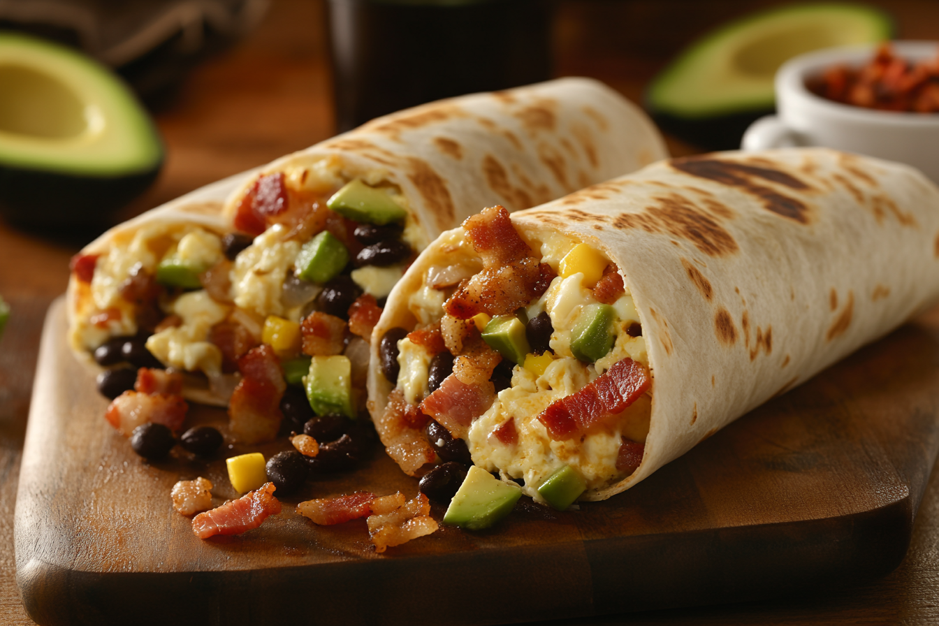 Delicious make-ahead breakfast burritos ready to serve.