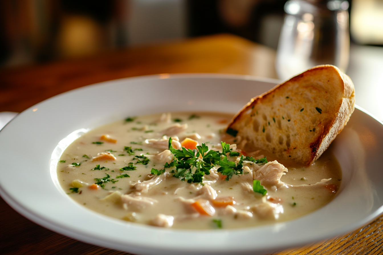 A bowl of creamy Marry Me Chicken Soup garnished with fresh herbs