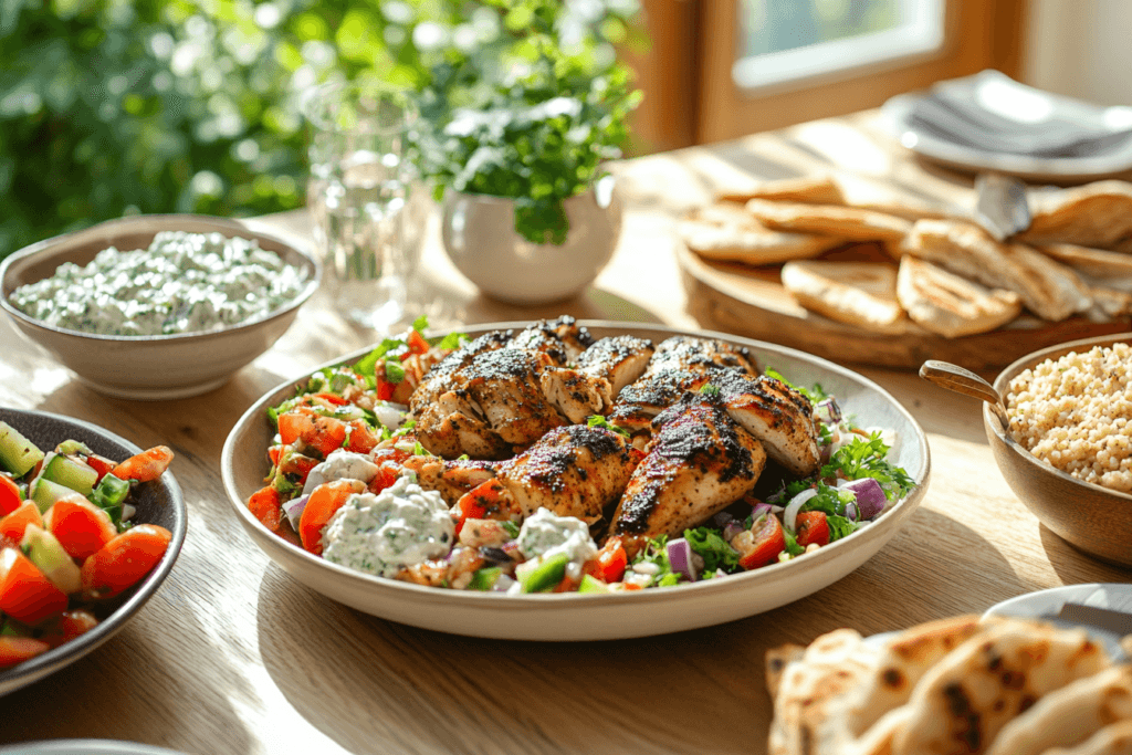 Mediterranean chicken meal with side dishes.