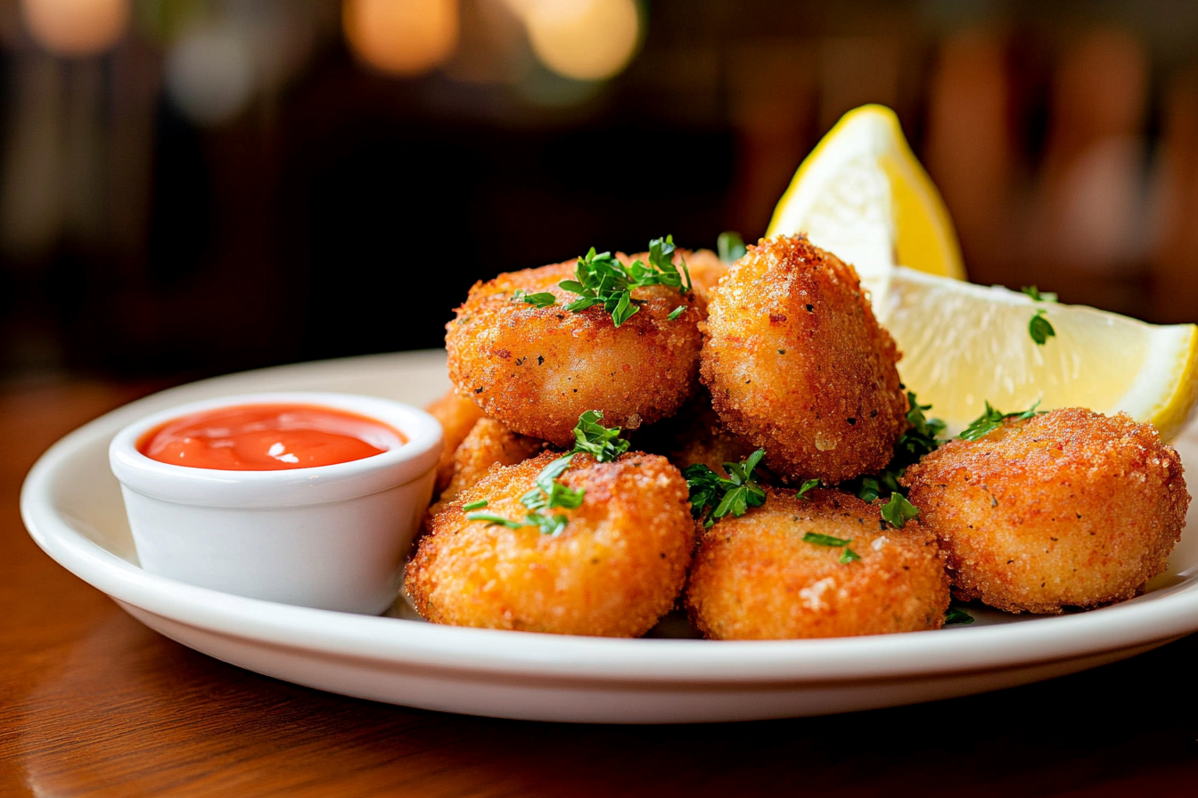 A plate of mini crab cakes with dipping sauce and garnishes