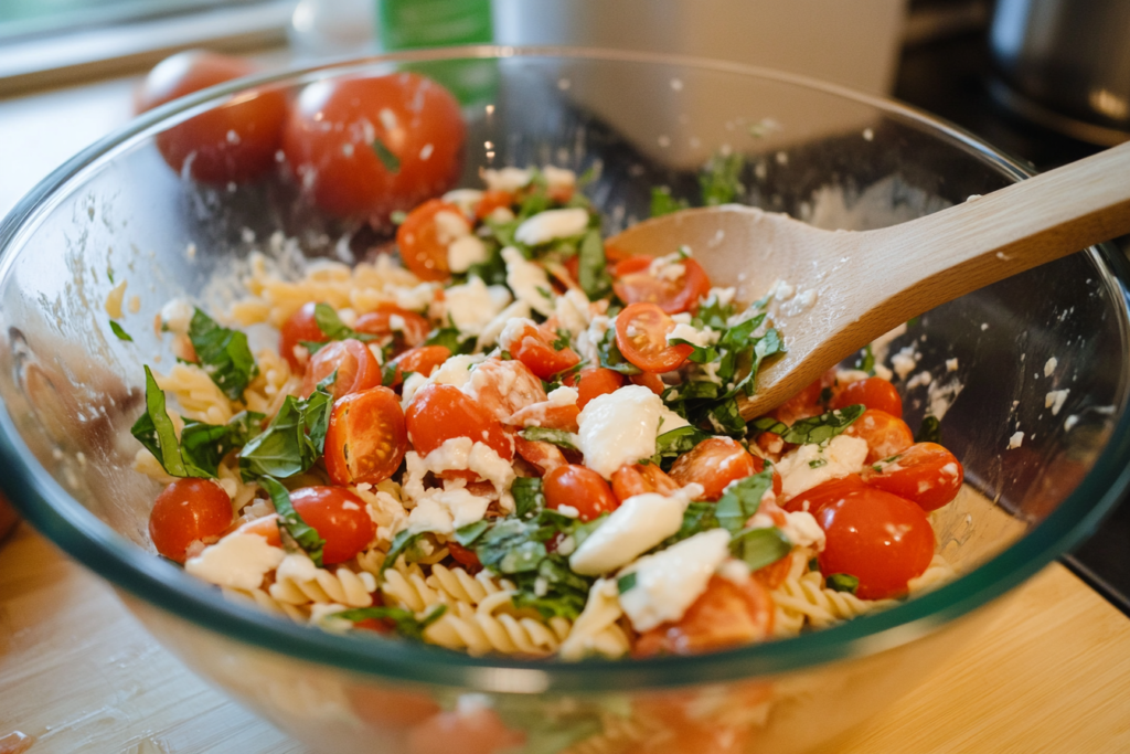 Mixing Caprese Pasta Salad ingredients in a glass bowl.