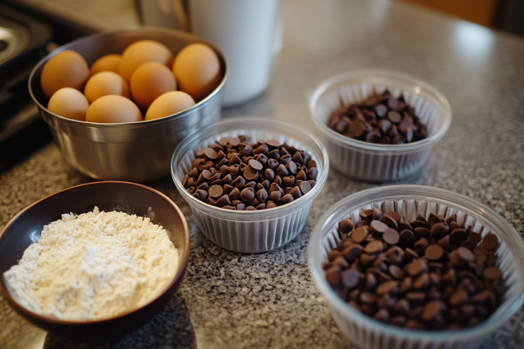 Key ingredients for baking mini chocolate chip muffins displayed on a countertop