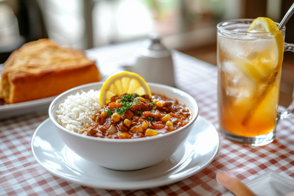  Vegetarian gumbo served over rice with a side of cornbread and a glass of sweet tea