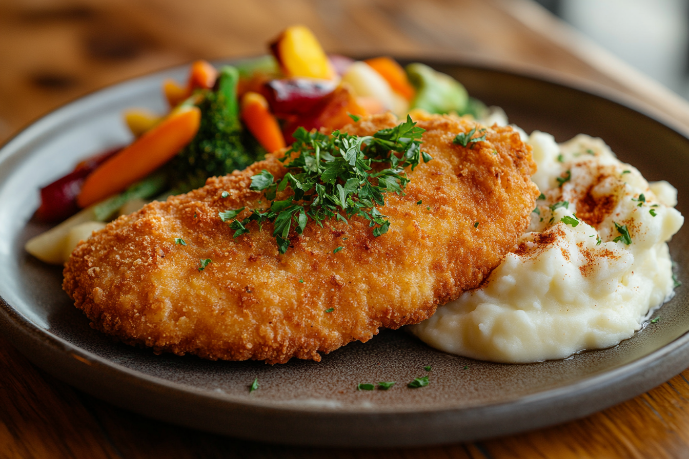 Golden breaded chicken cutlet with sides on a rustic table.