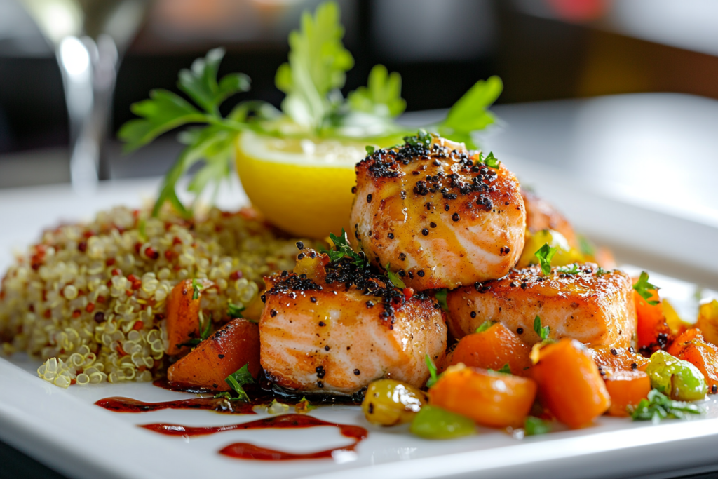  Salmon bites served with roasted vegetables and quinoa.