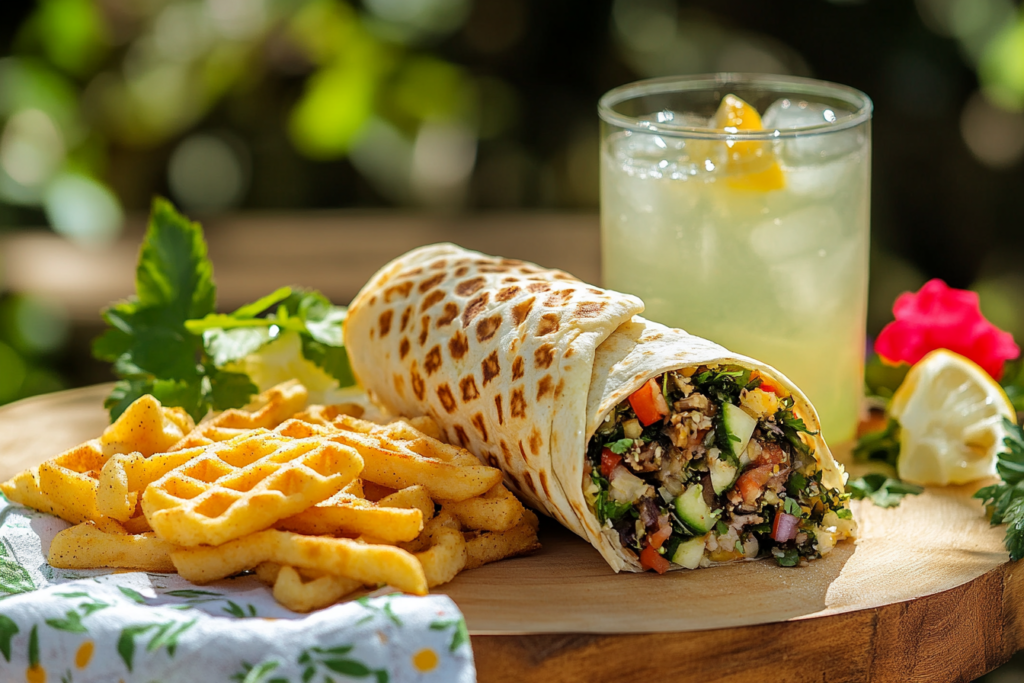 Veggie wrap with Chick-fil-A waffle fries and lemonade