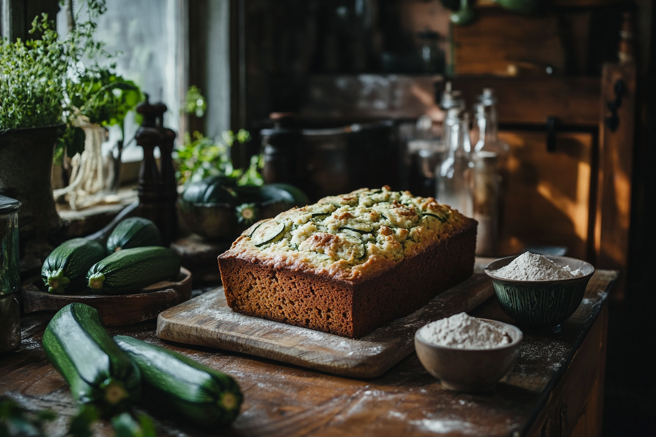 Freshly baked keto zucchini bread loaf on a wooden board