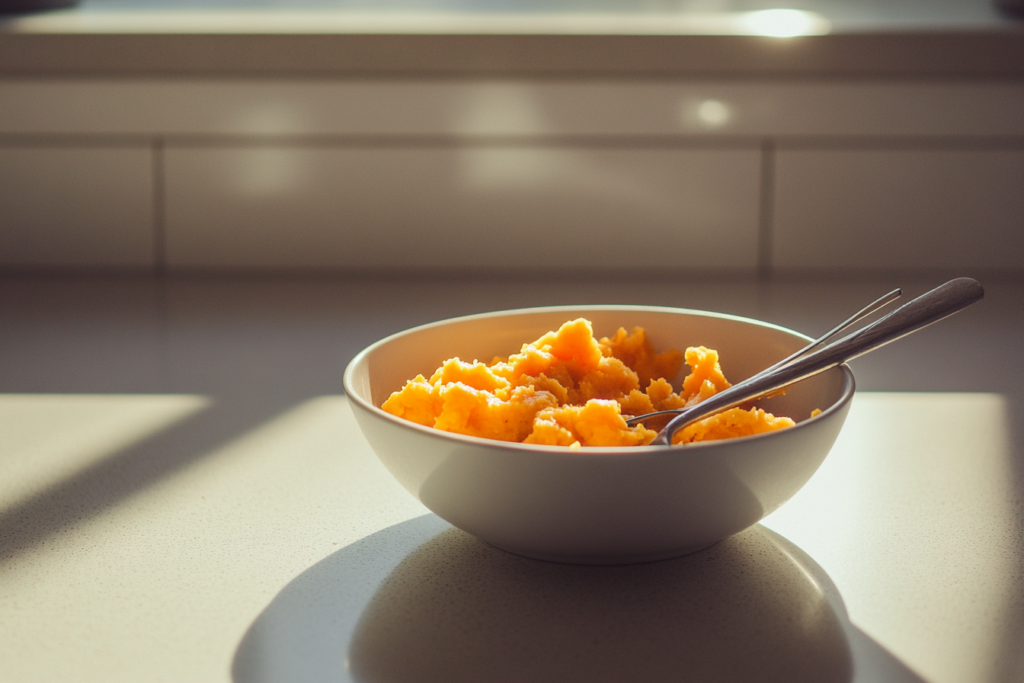 Mashed sweet potatoes in a bowl with a fork, ready to be mixed into biscuit dough.