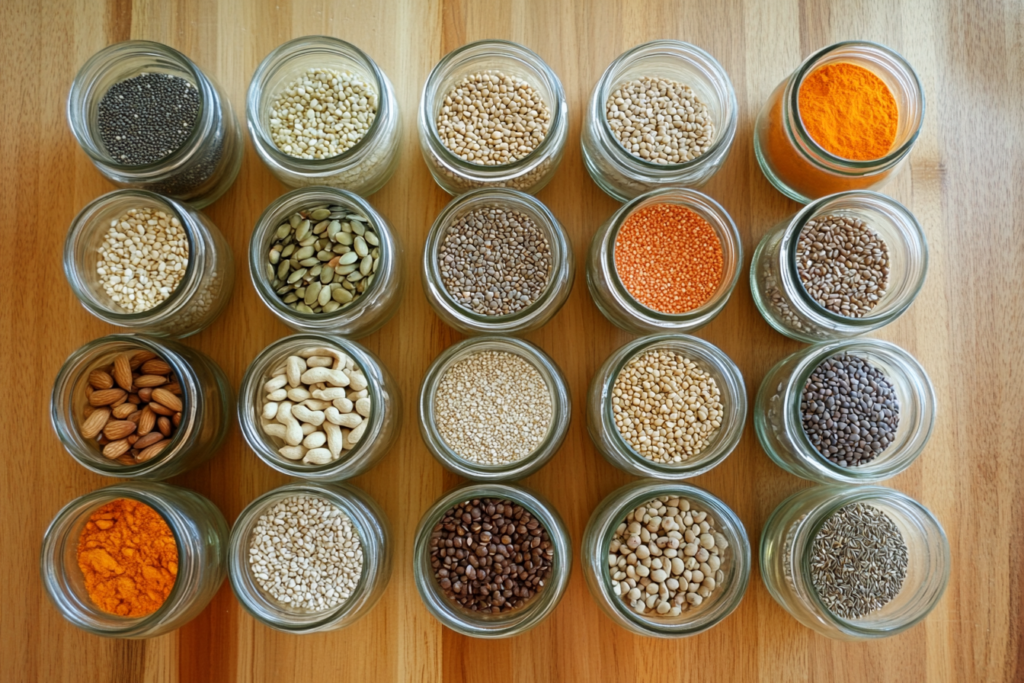 Plant-based pantry staples including grains, legumes, nuts, and spices.