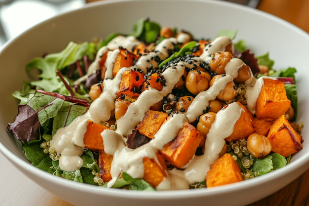 A colorful Buddha bowl with roasted vegetables, chickpeas, and quinoa