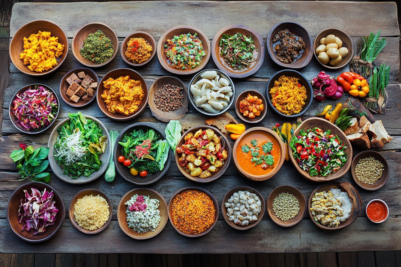 Colorful array of plant-based dishes on a rustic wooden table