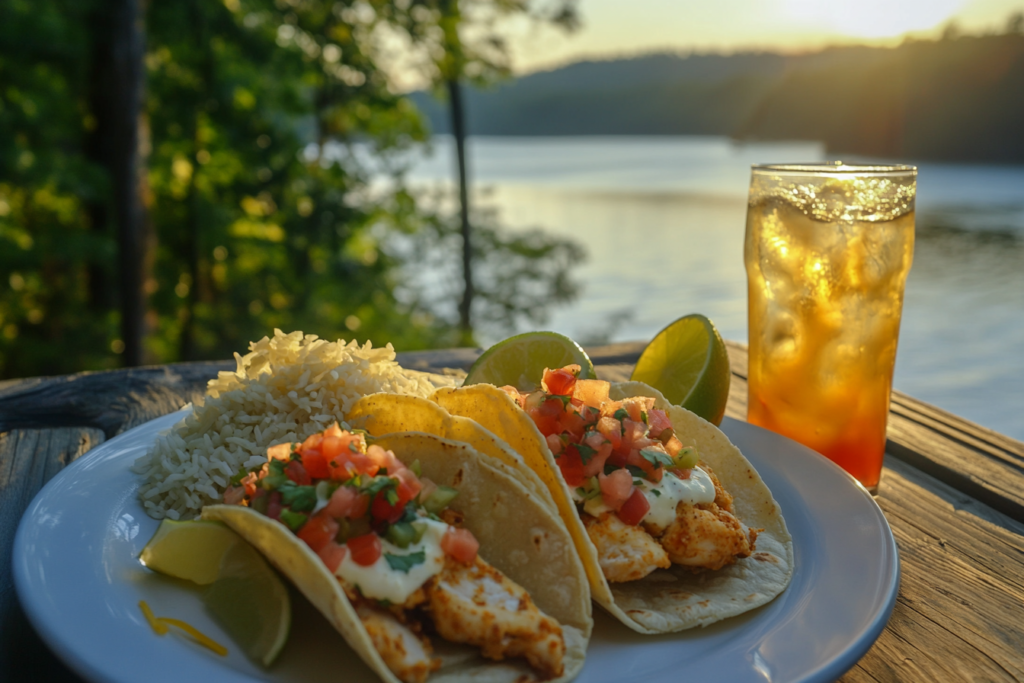 Crispy chicken tacos served with Mexican rice and a lime soda.