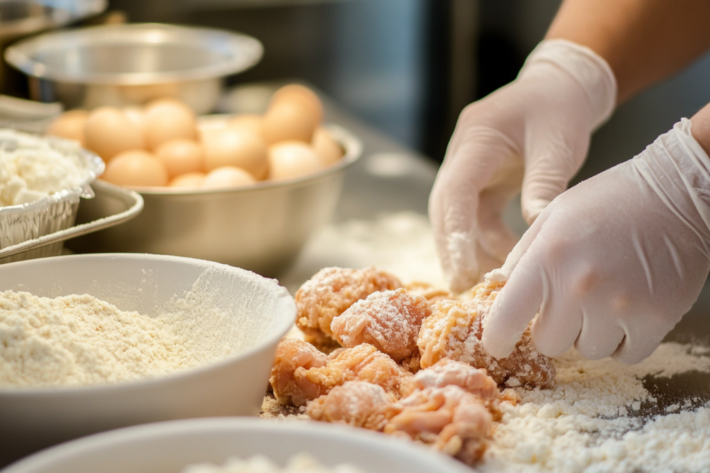 A breading station with chicken pieces being prepared for frying.