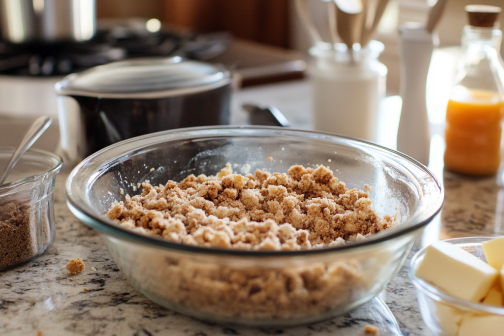 A bowl of crumb topping mixture with a fork resting on the edge.