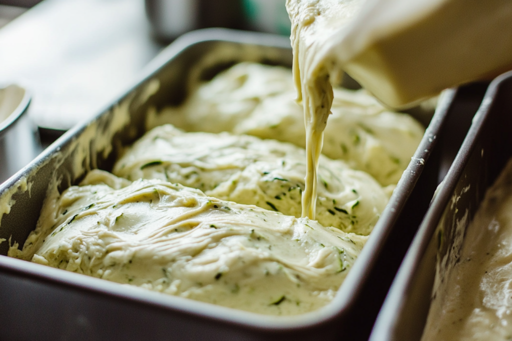 Batter being poured into a loaf pan lined with parchment paper