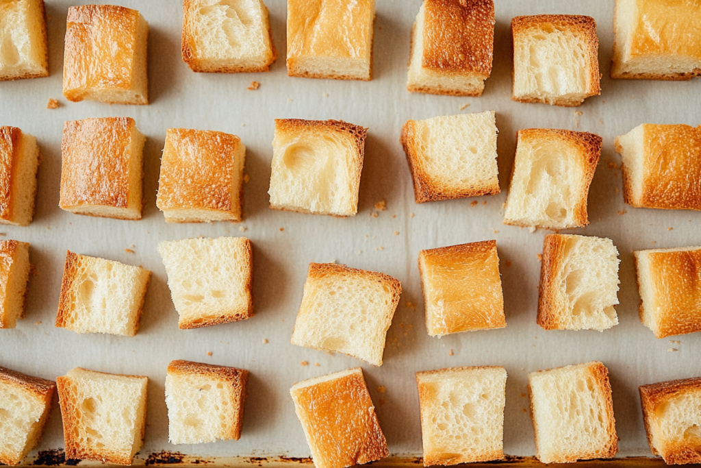 Cubed brioche bread spread on a baking tray to dry