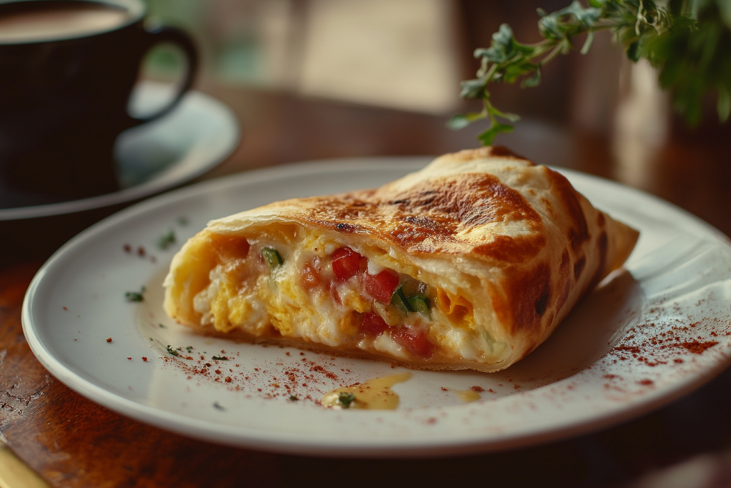 A reheated burrito on a plate with melted cheese.