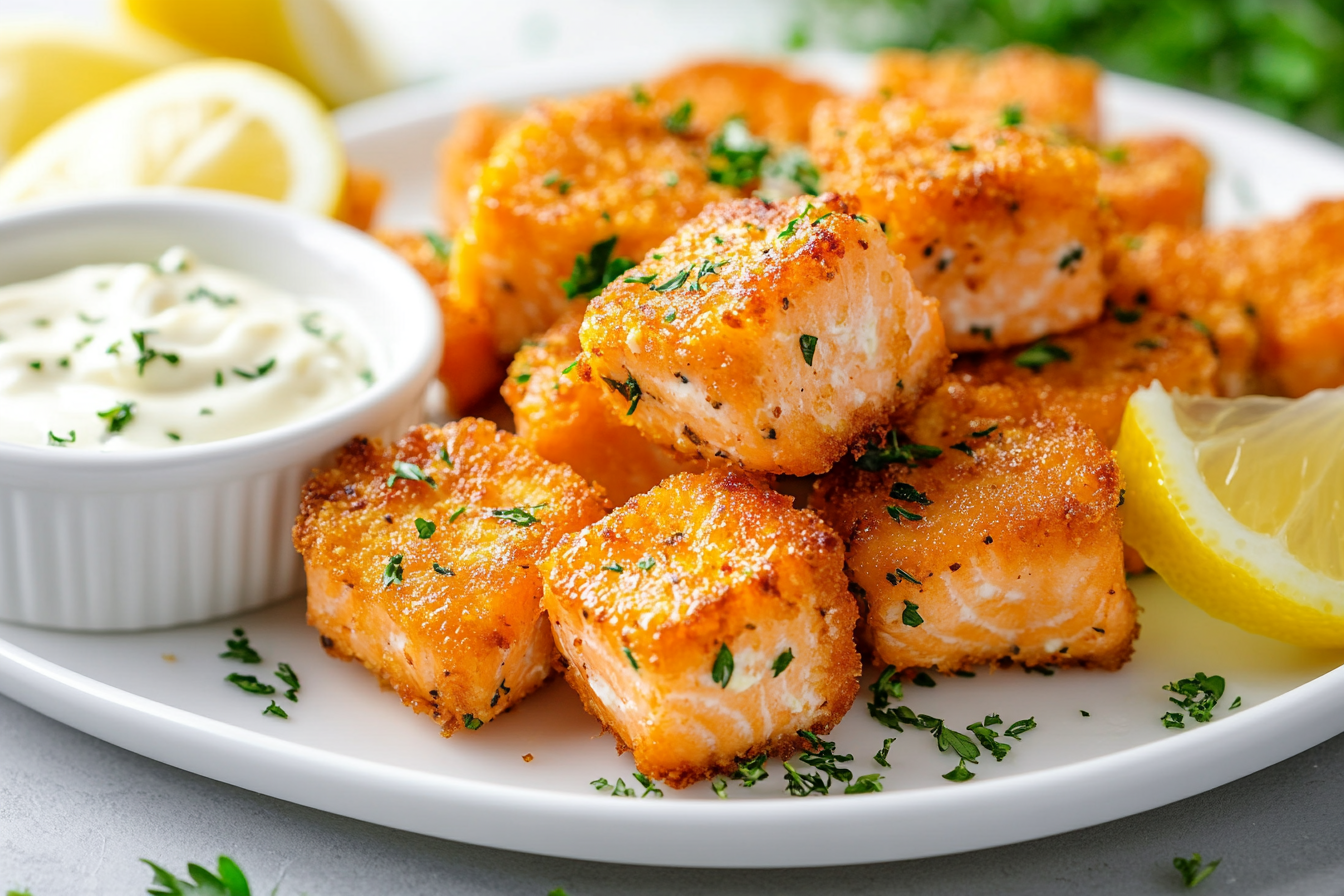 Crispy salmon bites served with a dipping sauce, freshly cooked in an air fryer.