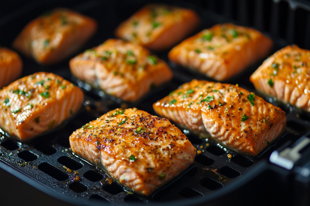 Salmon bites cooking inside an air fryer basket.