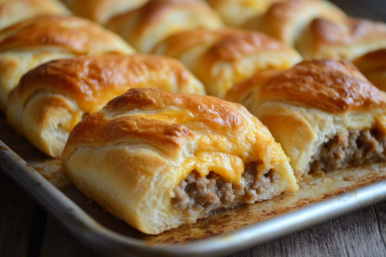 Golden sausage cream cheese crescent rolls on a baking tray