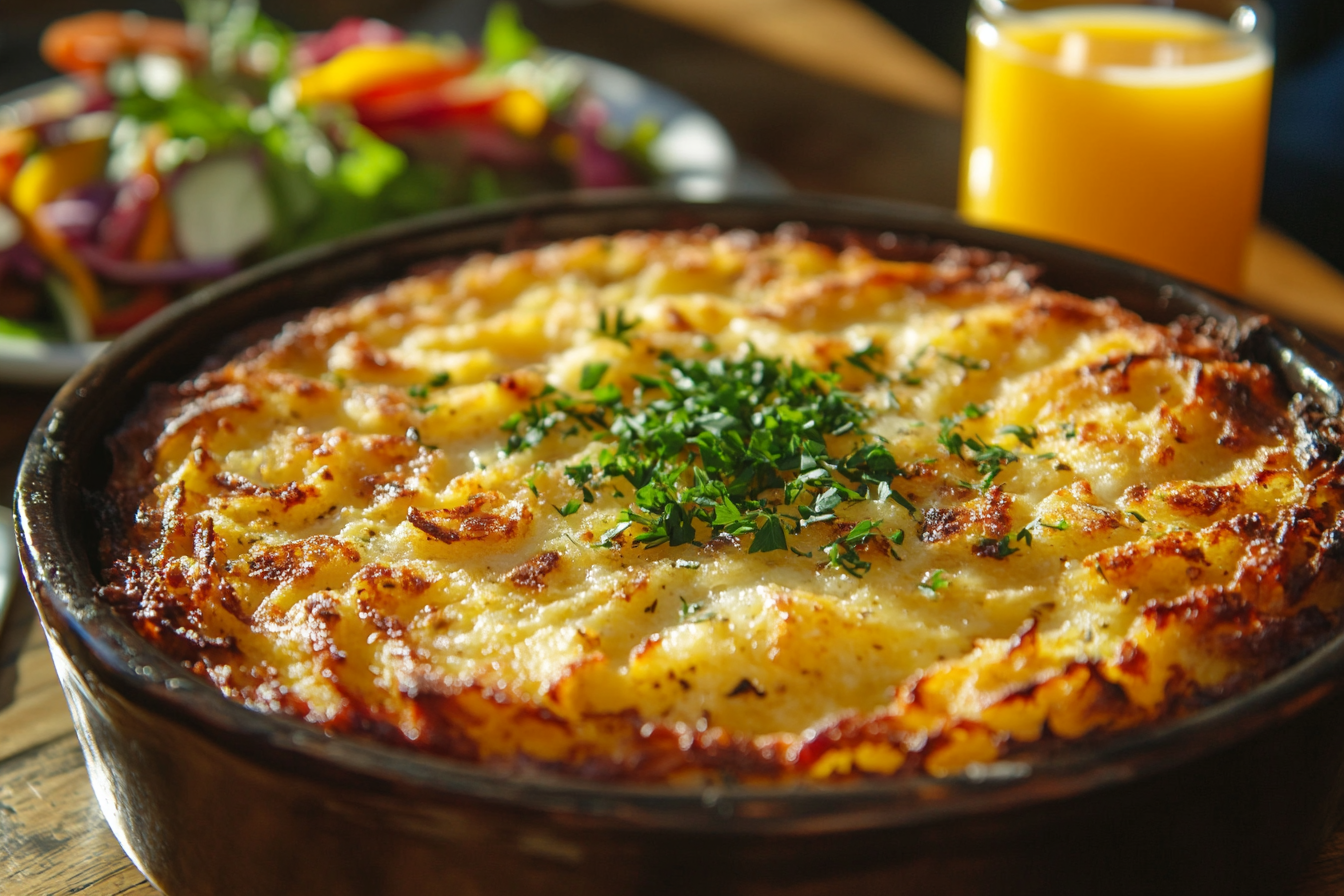 Golden sausage hash brown casserole served in a rustic baking dish