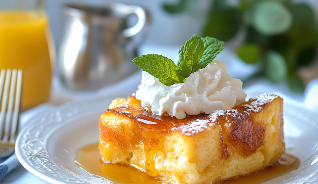 A slice of brioche French toast casserole on a plate with syrup and whipped cream