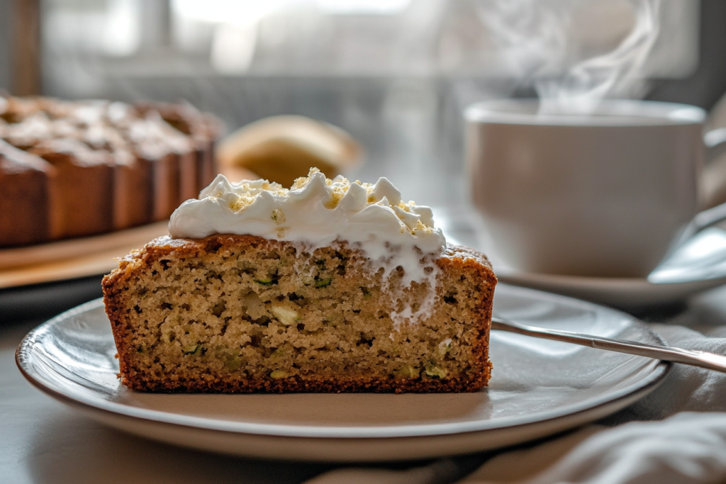 Keto zucchini bread served with whipped cream and coffee