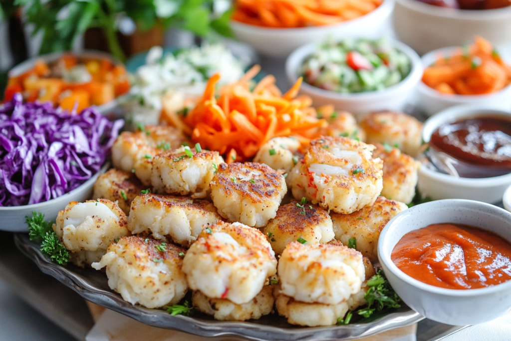 A platter of mini crab cakes served with colorful sides and sauces