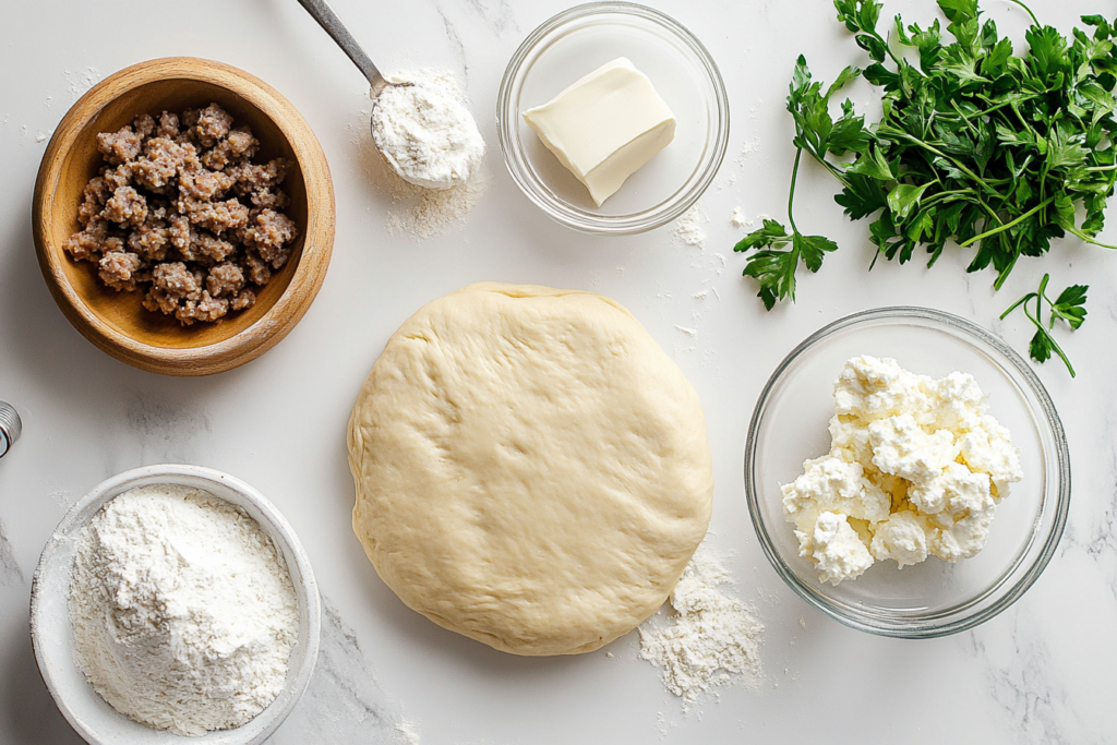 Ingredients for sausage cream cheese crescent rolls laid out on a counter