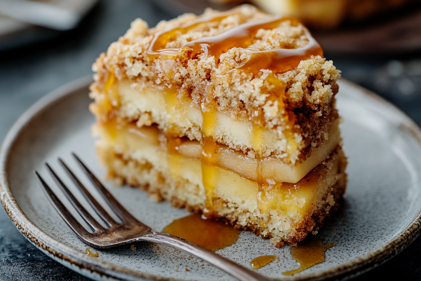 A slice of apple crumb cake with visible layers of apples and crumbs.