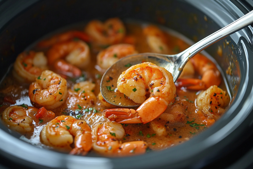 Garlic butter shrimp served in a slow cooker