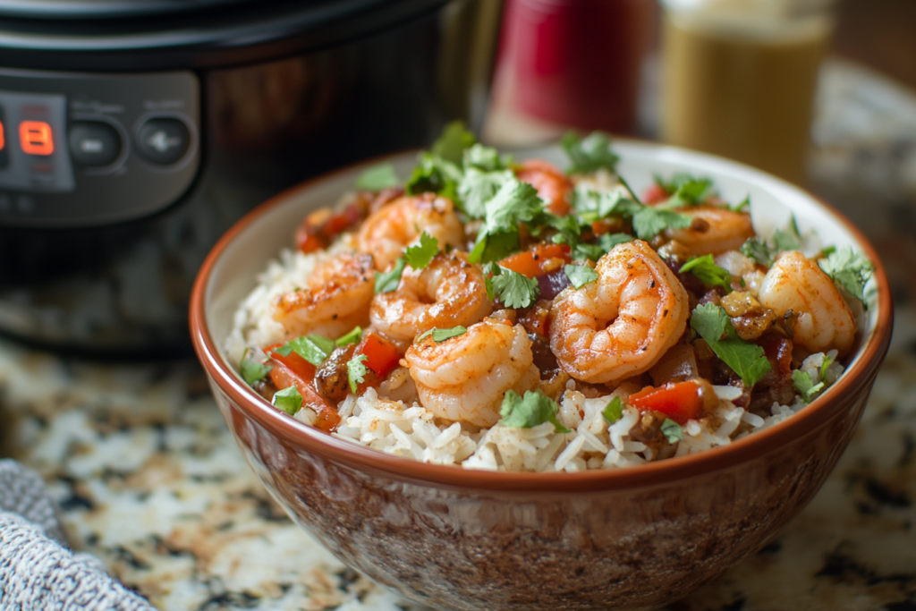 Cajun shrimp and rice served in a bowl.