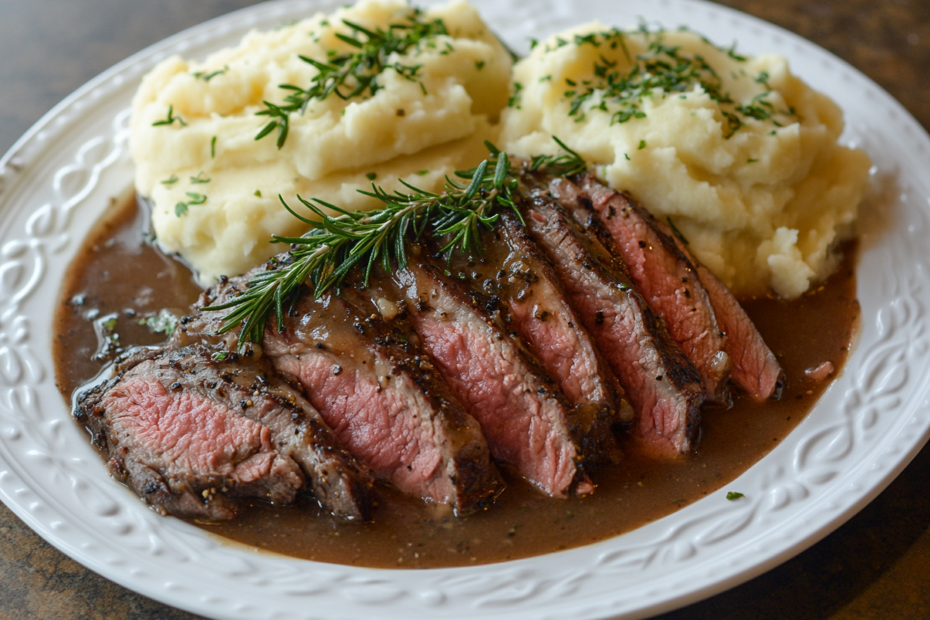 A beautifully plated slow cooker flank steak with fresh herbs.