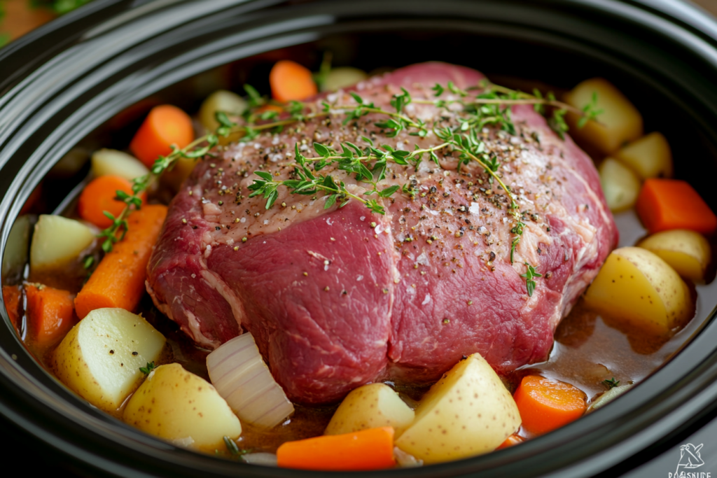 Sirloin tip roast and vegetables cooking in a slow cooker.