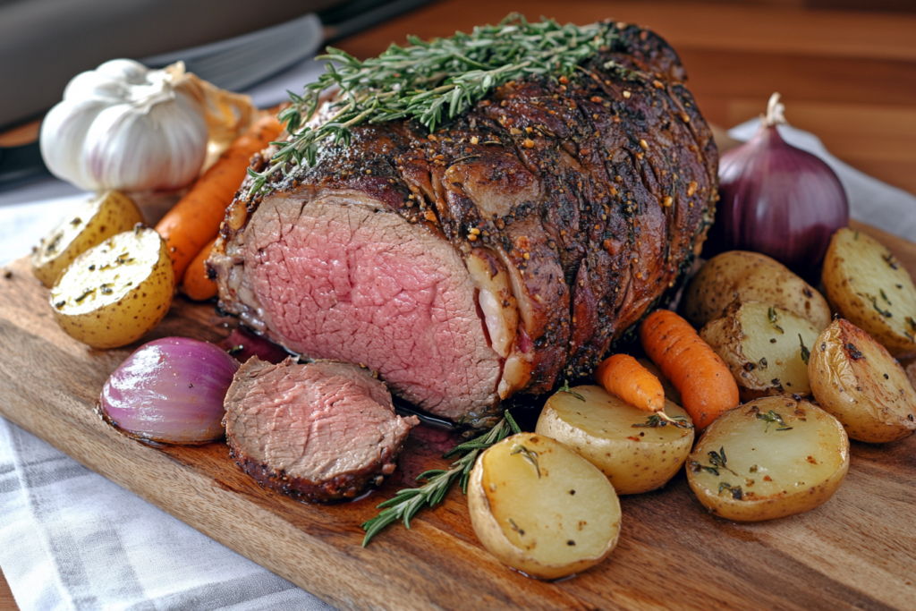 Fresh sirloin tip roast with vegetables and seasonings on a cutting board.