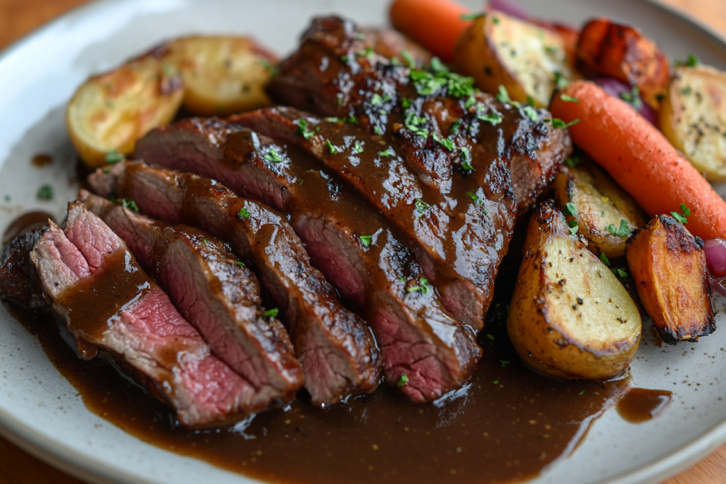 Plated sirloin tip roast with gravy and vegetables.