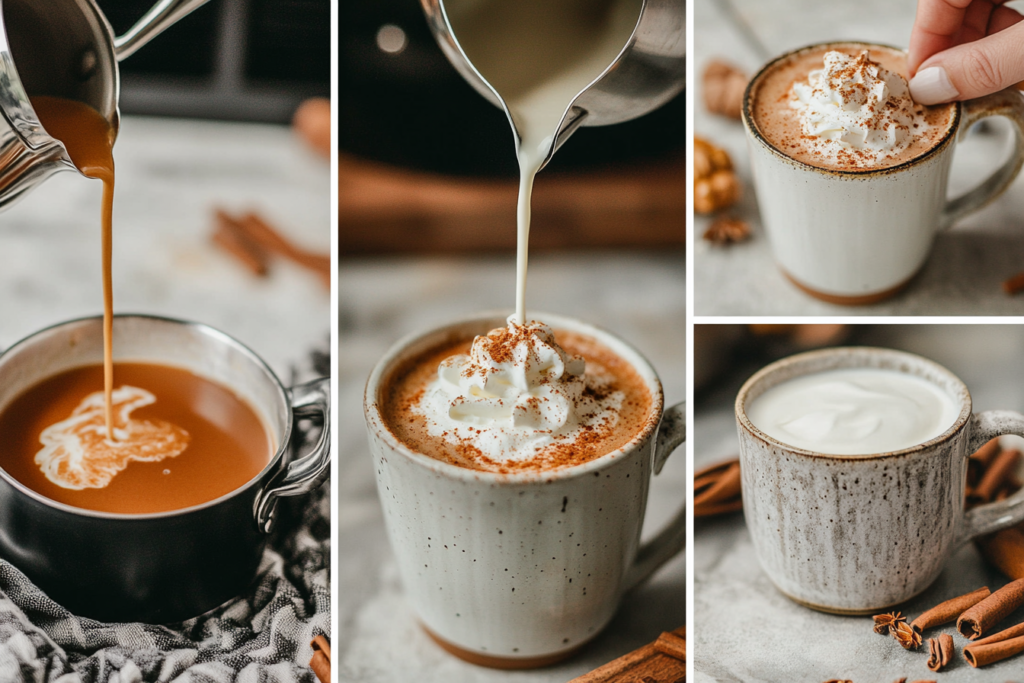 Step-by-step preparation of Pumpkin Spice Chai Latte with milk frothing and pumpkin spice mix.