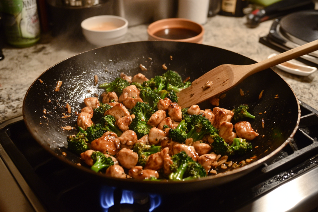 Stir frying chicken and broccoli in a wok.